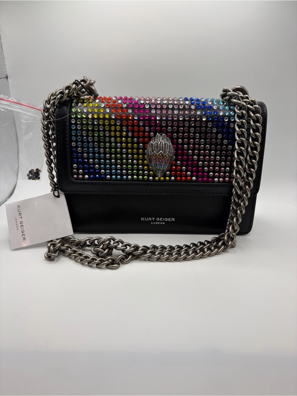 Kurt Geiger Black Leather Crossbody with Rainbow Crystal Studded Flap